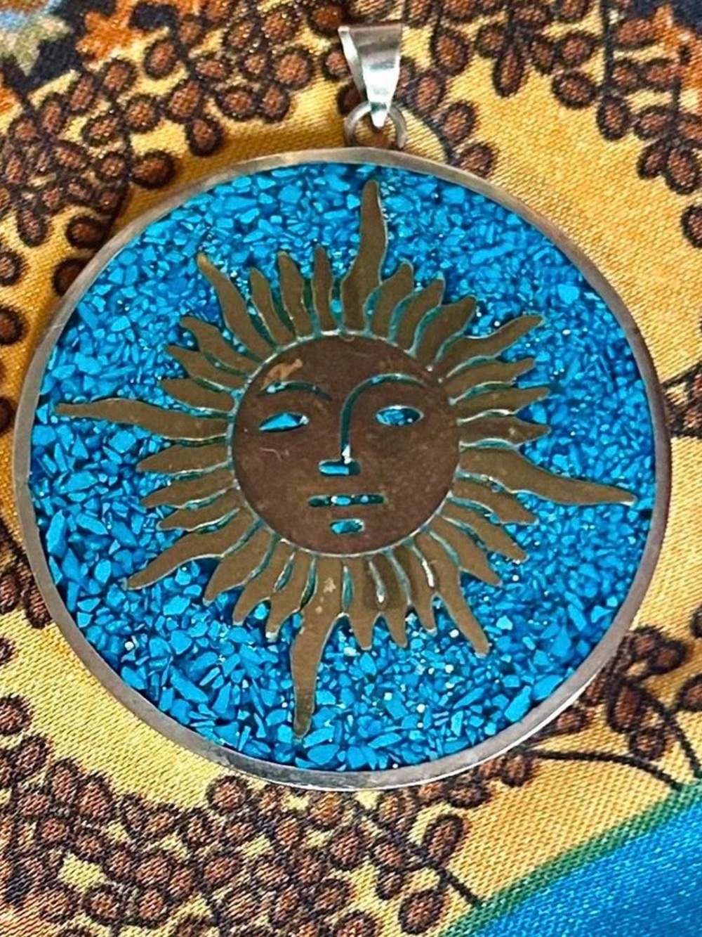 Vintage Old Mexico Sterling Silver & Turquoise Chips Inlay Sun Tribal Pendant